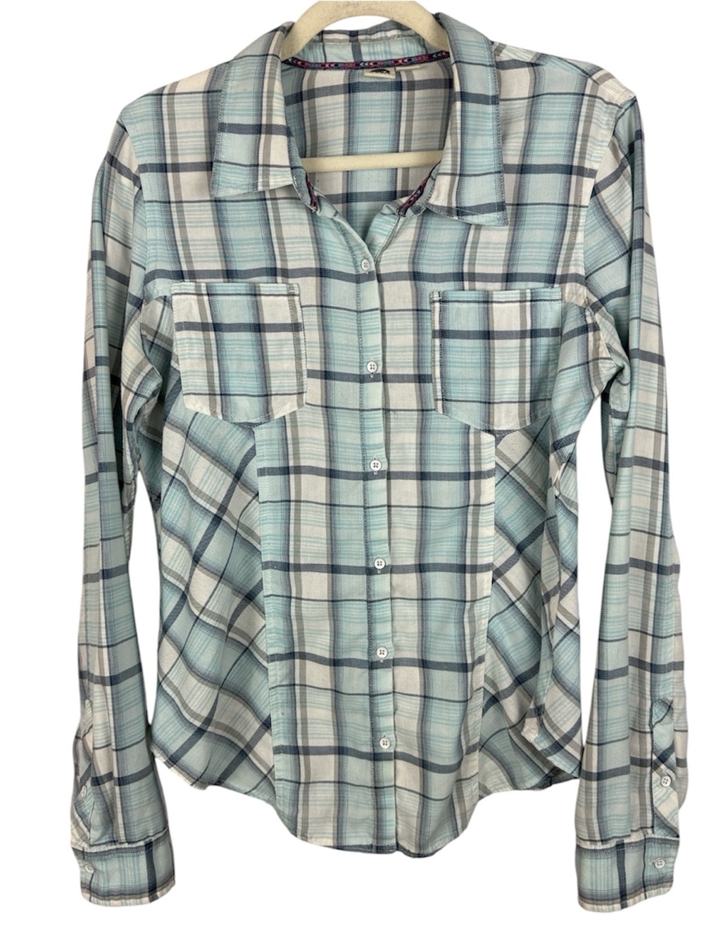 ROXY Blue & White Plaid Long Sleeve Button Down Flannel Shirt Large